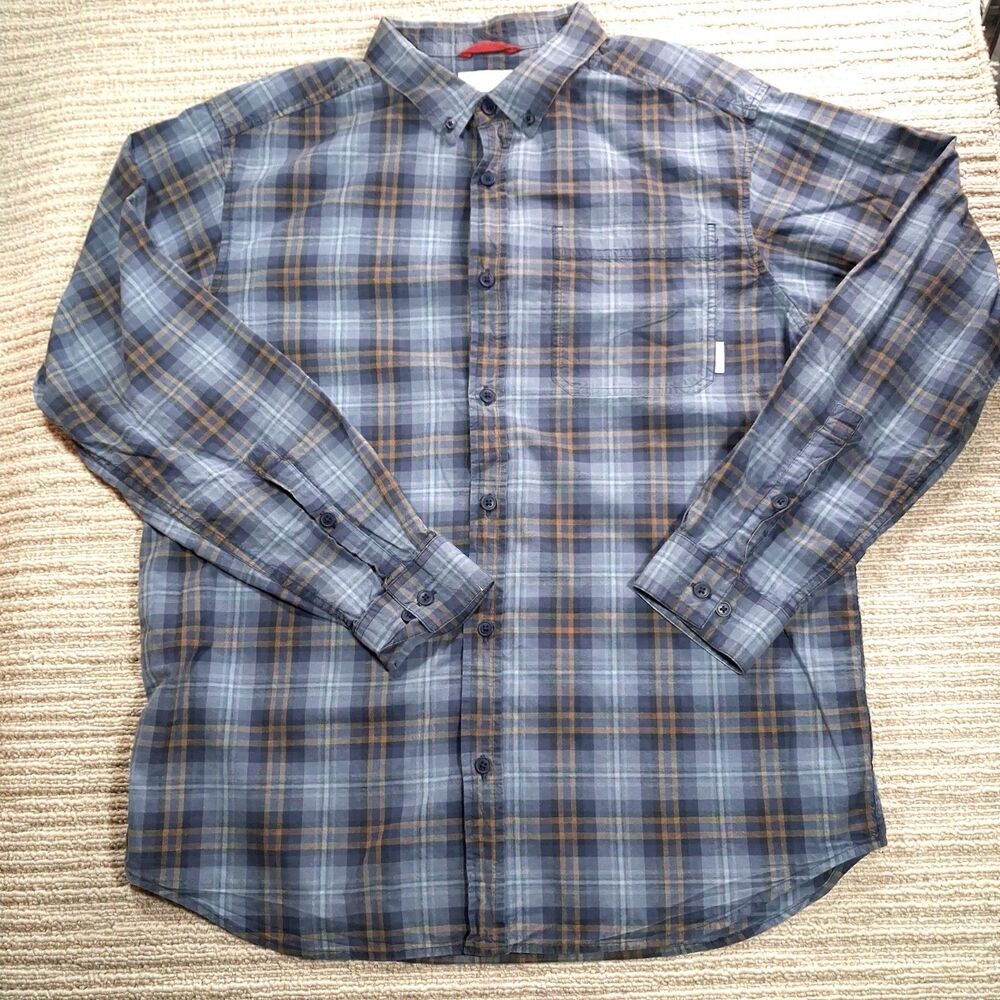 columbia mens large long sleeve plaid button down shirt blue brown cotton casual